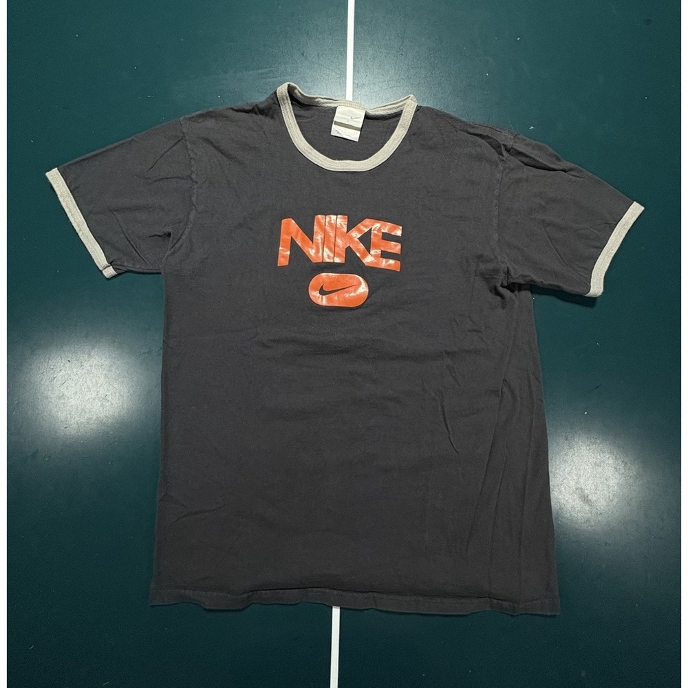 Vintage Y2K Nike Ringer T Shirt Men's Large Gray Orange Center Swoosh Streetwear